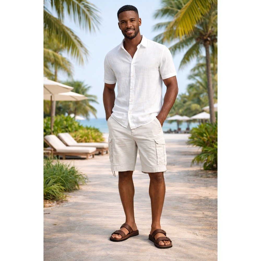 Old Navy 100% Linen Cargo Shorts Mens 40 Beige Tan Summer Beach Resort